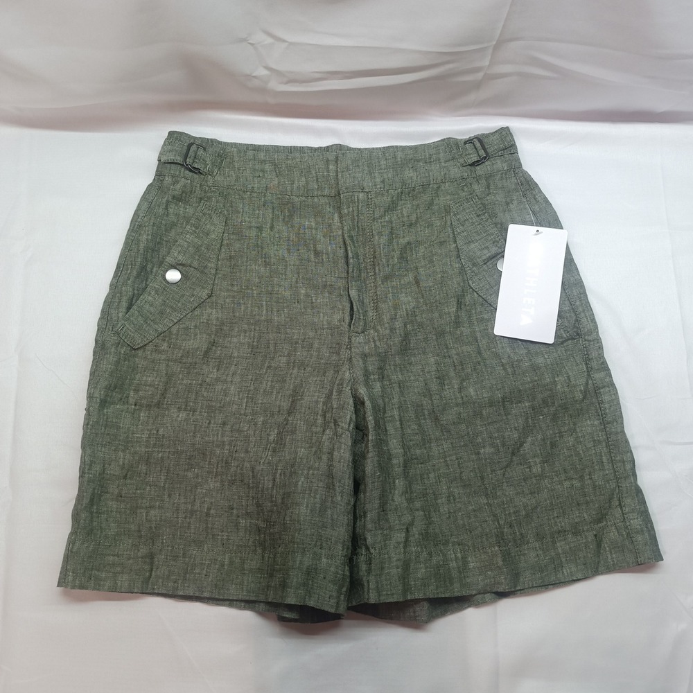 Athleta Voyager‎ 100% Linen Shorts Olive Green High Rise Adjustable Waist 4 NWT